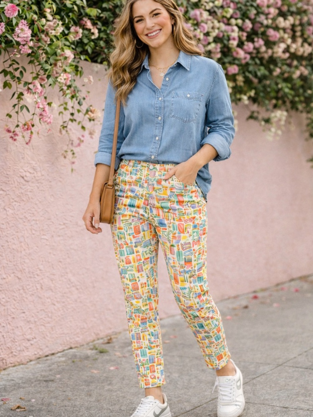 Vintage Colorful Cityscape Print Pants